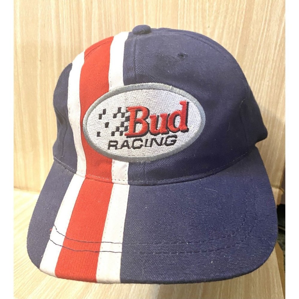 90’s Budweiser Racing Hat Cap Snap Back  Red White Blue‎ Beer Bud Mens